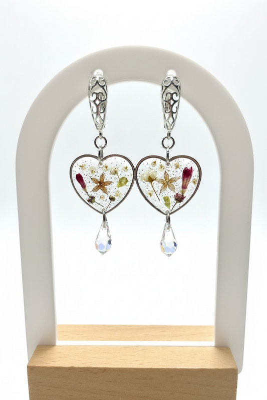 Boucles d’oreilles cœurs de fleurs des champs & gouttes Swarovski