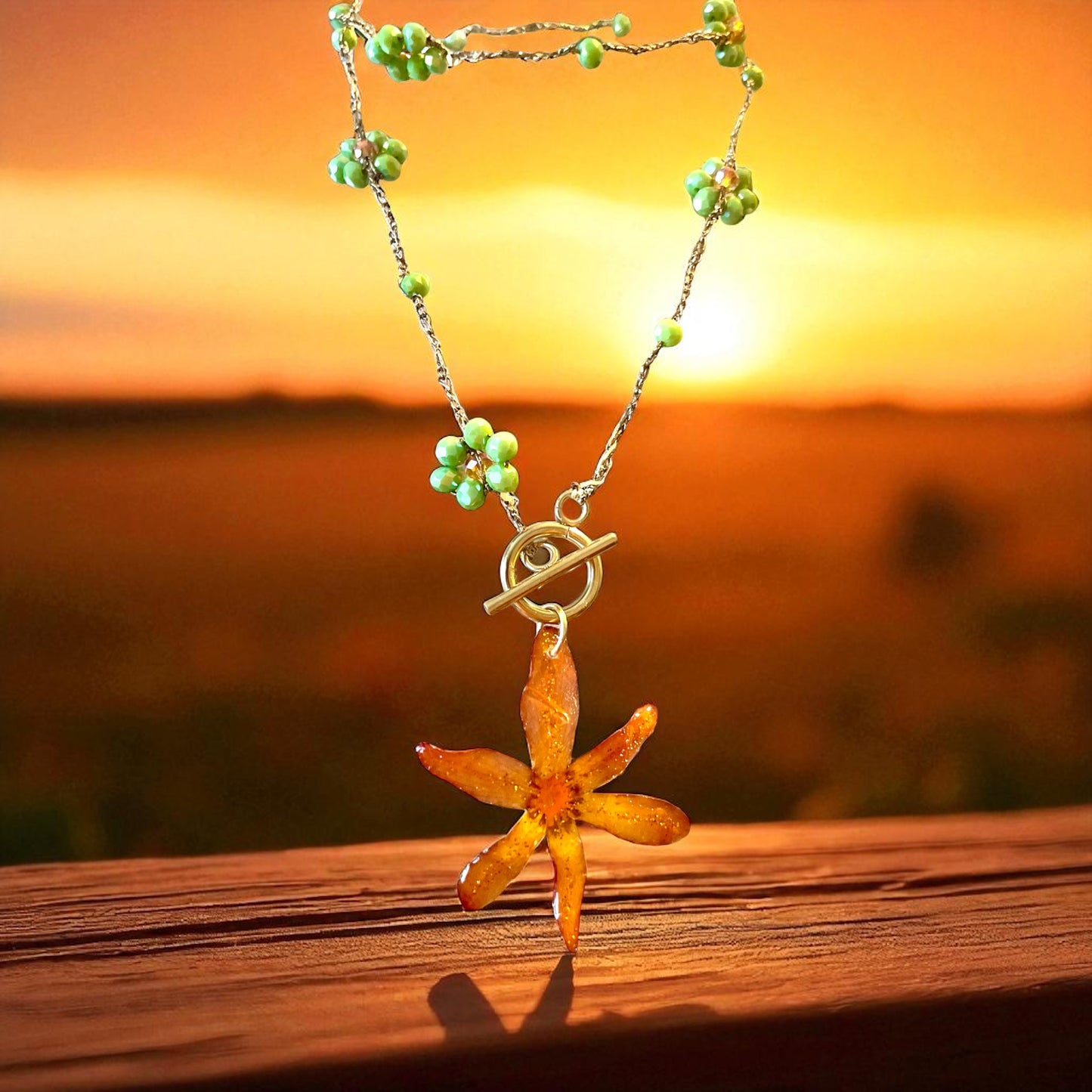 Collier Hémérocalle & fleurs de perles de verre