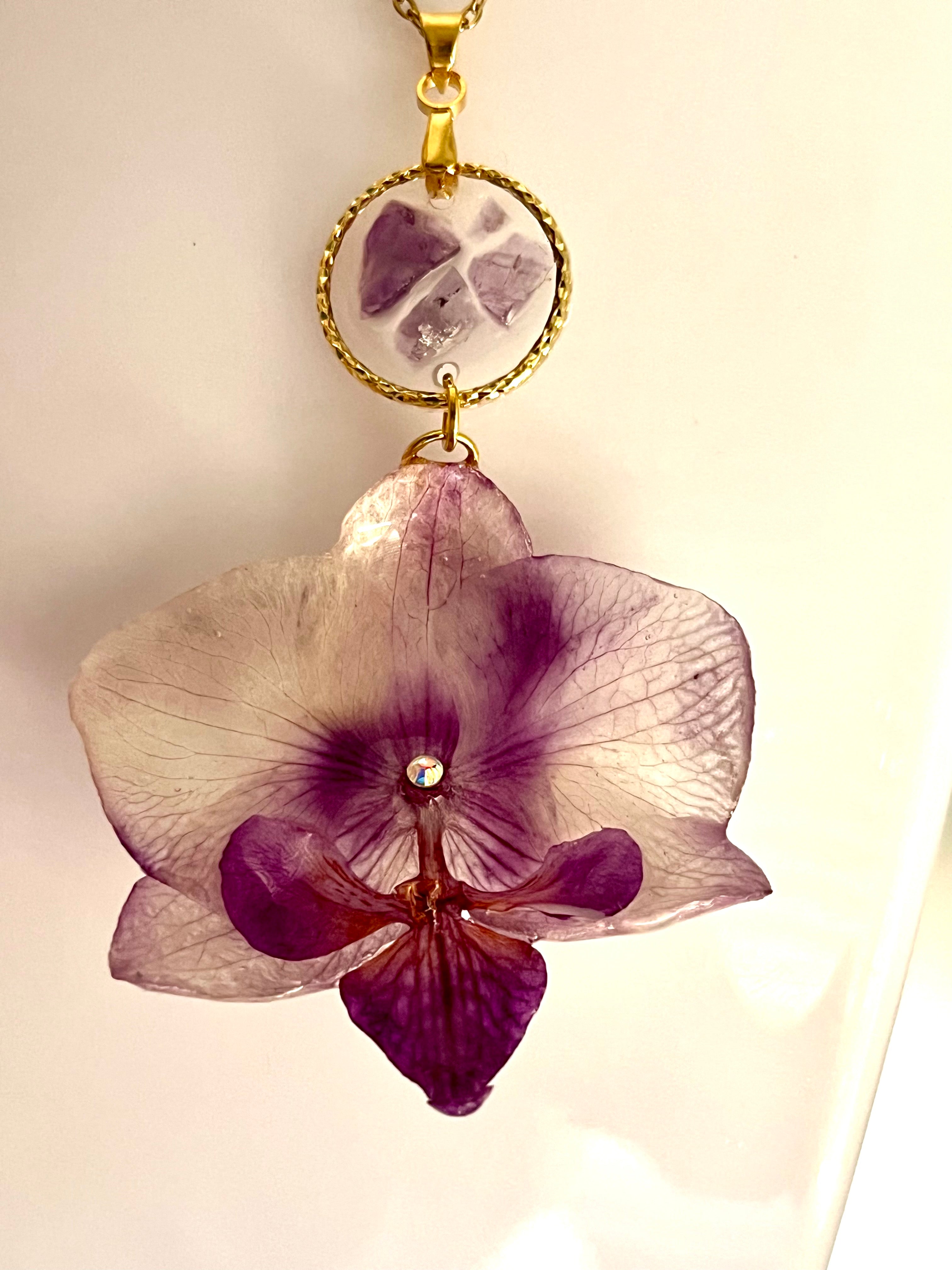 Orchid & Amethyst Necklace – Natural flower -Gilded handmade jewelry