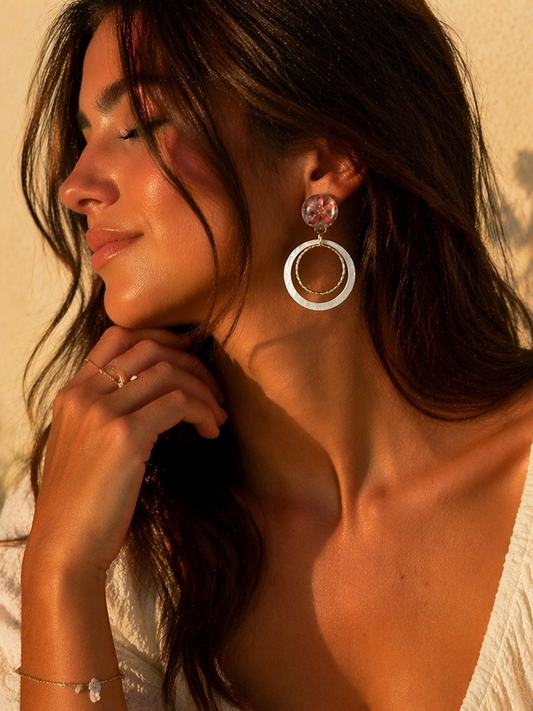 Boucles d’oreilles fleuries résine & anneaux nacrés