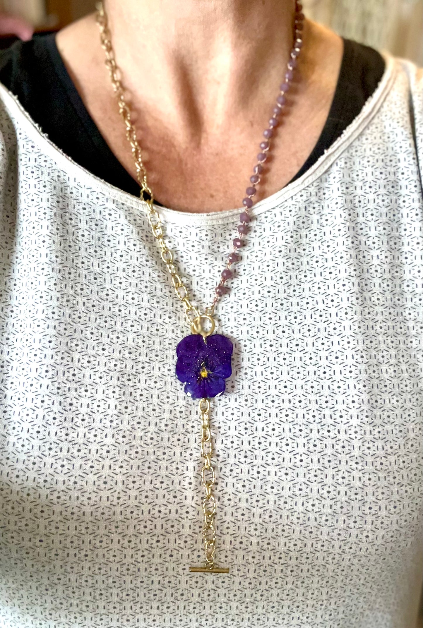 Collier bi-matière perles de verre & pensée
