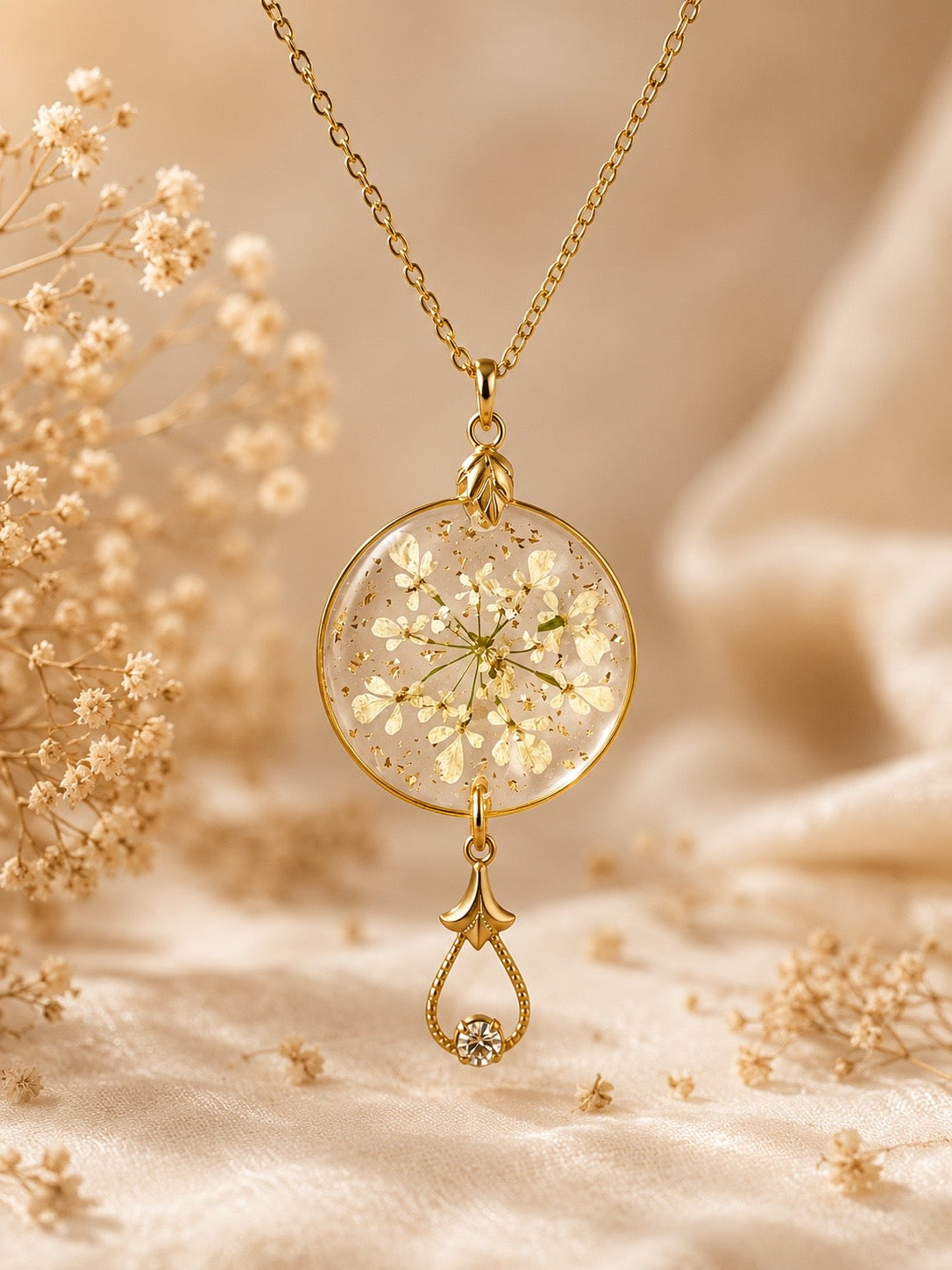 Collier Fleur carotte sauvage Naturelle Blanche en Résine – Bijou Rond Doré Fait Mai