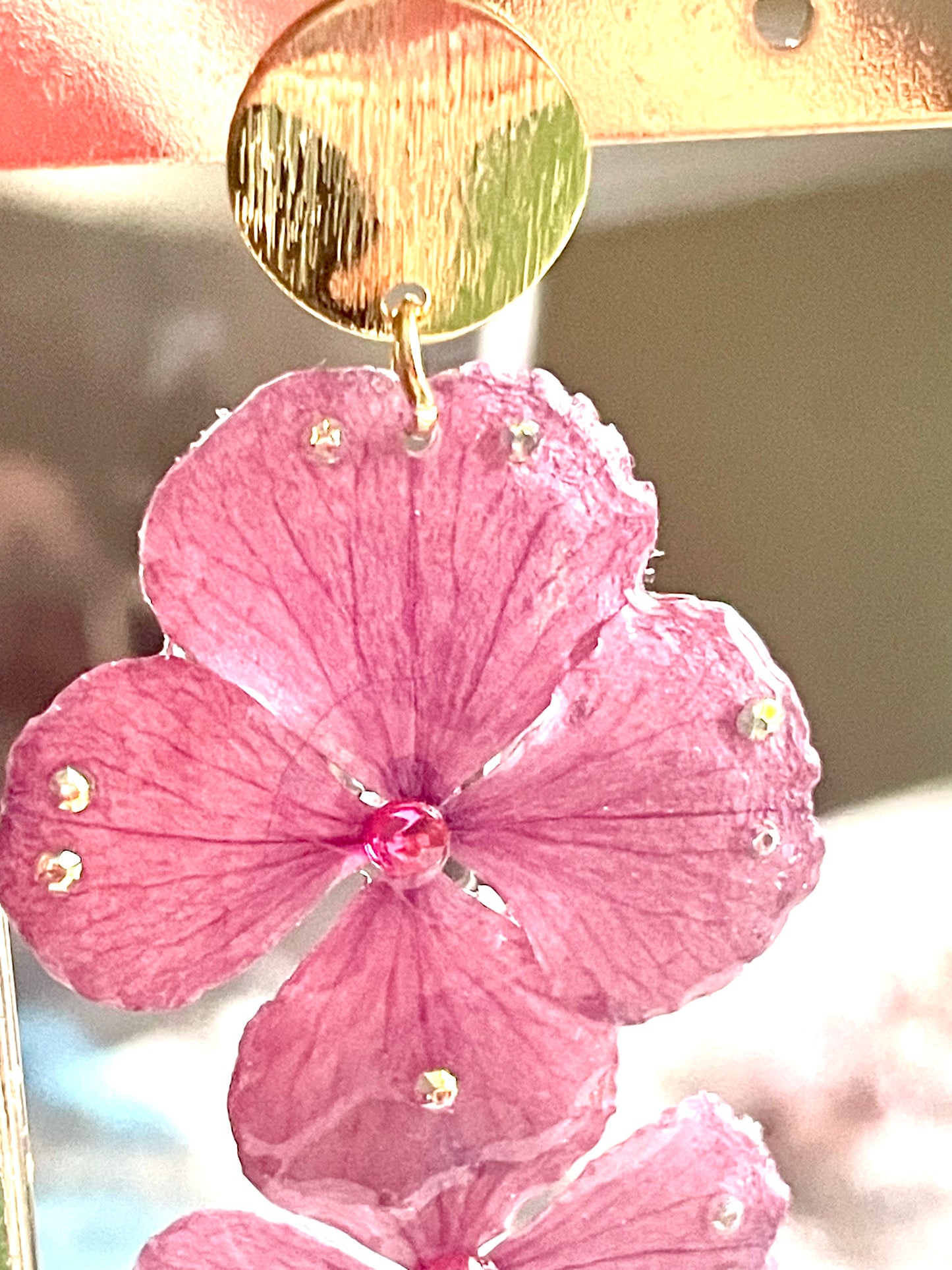 Boucles d’oreilles hortensias rose strass rose