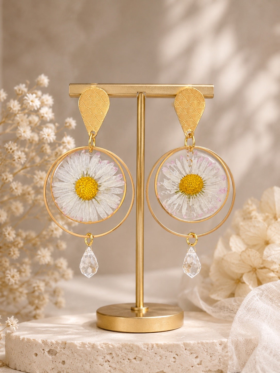 Boucles d’oreilles pâquerettes & gouttes de cristal Preciosa