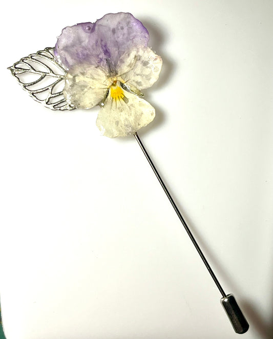 Épingle broche fleur de pensée mauve & blanche
