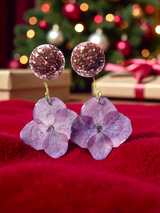 Boucles d’oreilles hortensia rose & paillettes