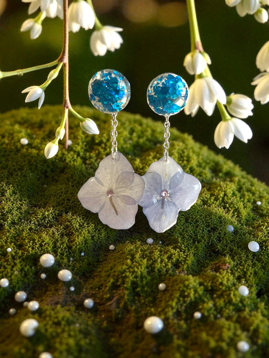 Boucles d’oreilles Hortensia bleu & paillettes