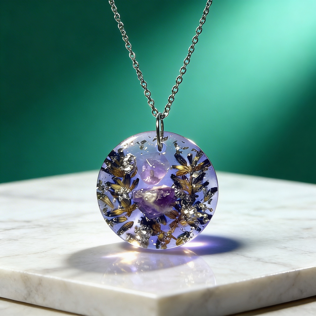 Collier Bien-être Lavande & Améthyste – Fleur naturelle et pierre naturelle