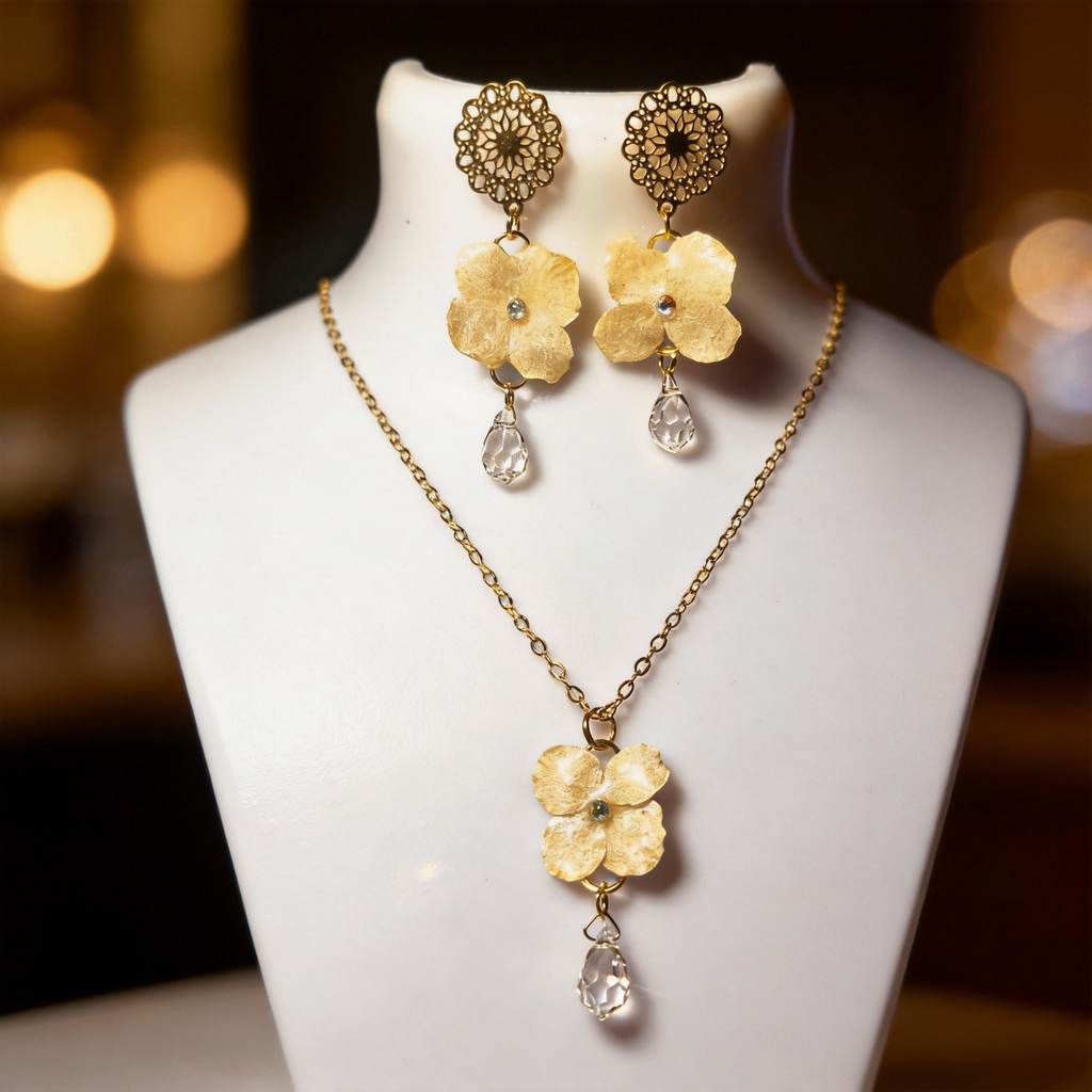 Parure de bijoux hortensia blanc & goutte cristal Preciosa - Aux fleurs de Chloé Parure de bijoux hortensia blanc & goutte cristal Preciosa Parure bijoux Parure bijoux