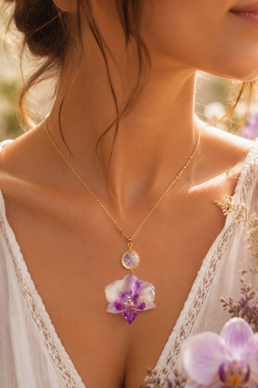 Orchid & Amethyst Necklace – Natural flower -Gilded handmade jewelry