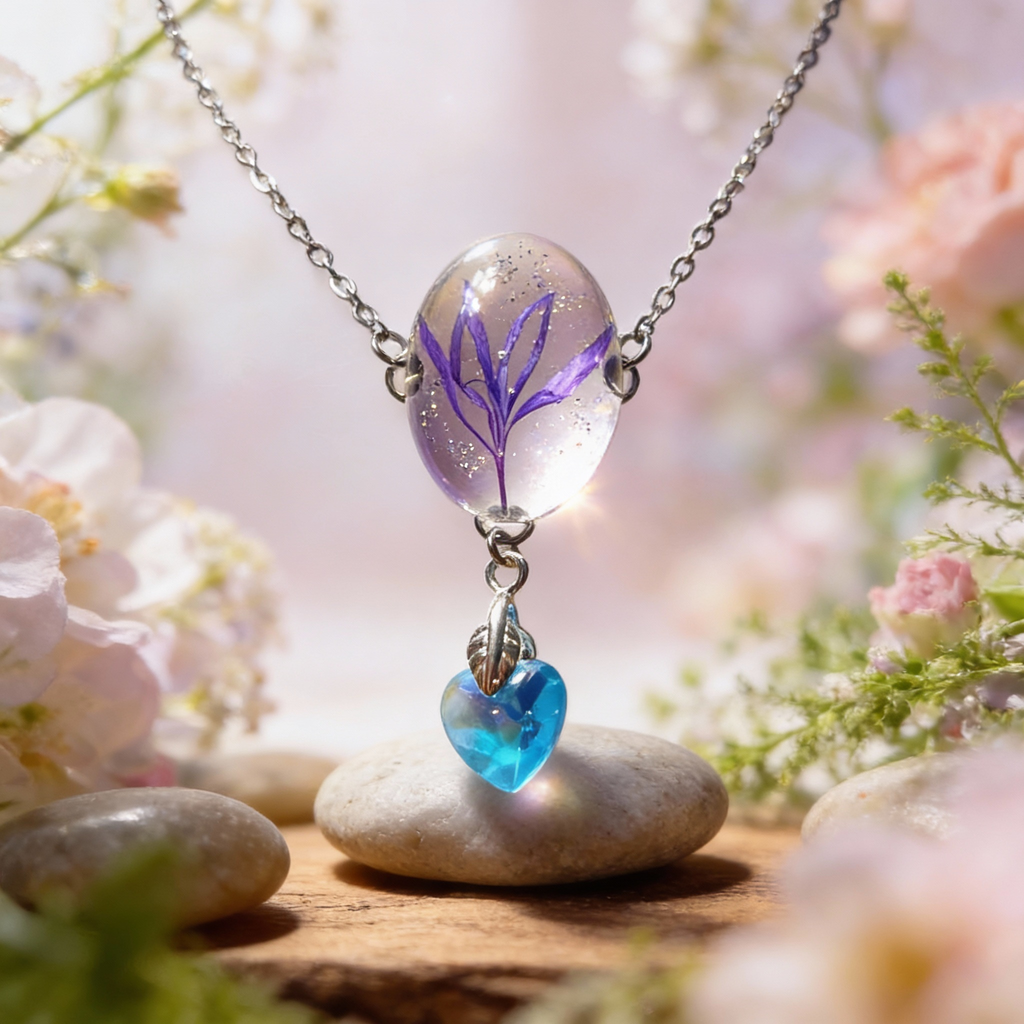 Collier choker pétale de Bleuet& cœur de cristal bleu - Aux fleurs de Chloé Collier choker pétale de Bleuet& cœur de cristal bleu Collier Collier
