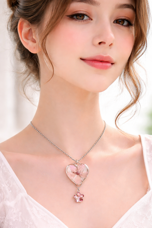 Collier cœur – Fleur de Prunus naturelle