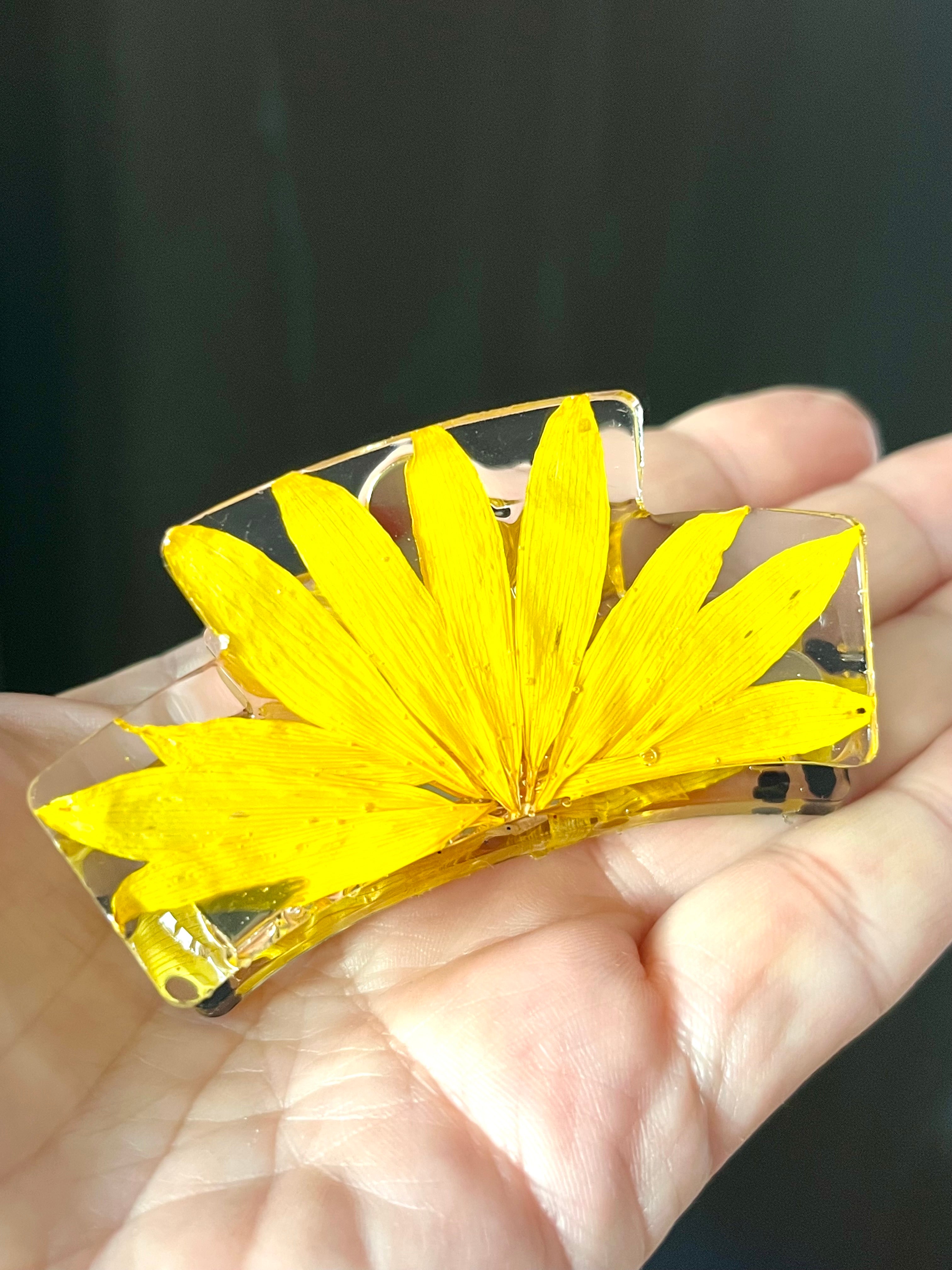 Handmade yellow natural flower resin hair clip