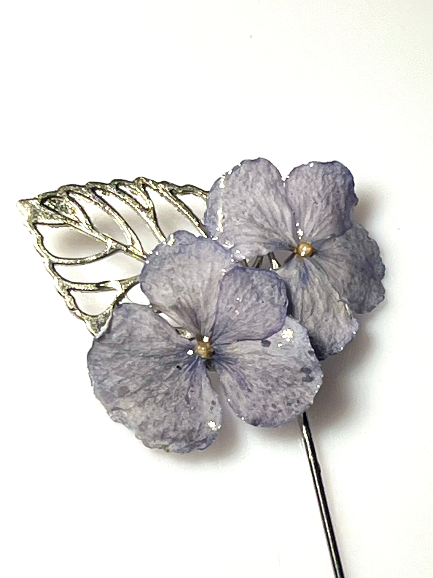 Épingle broche double fleur hortensia bleu