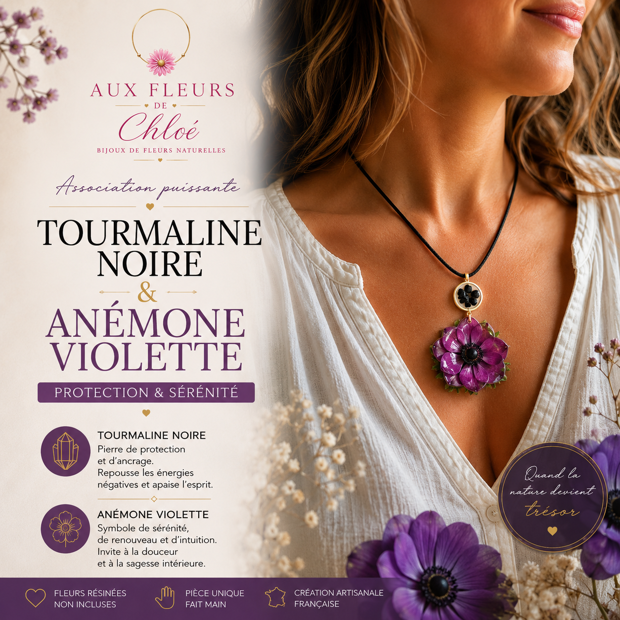 Collier Fleur d’Anémone Violette & Tourmaline Noire – Fleur naturelle résinée