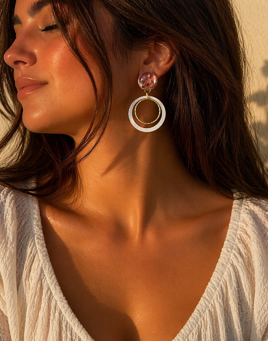 Boucles d’oreilles fleuries résine & anneaux nacrés