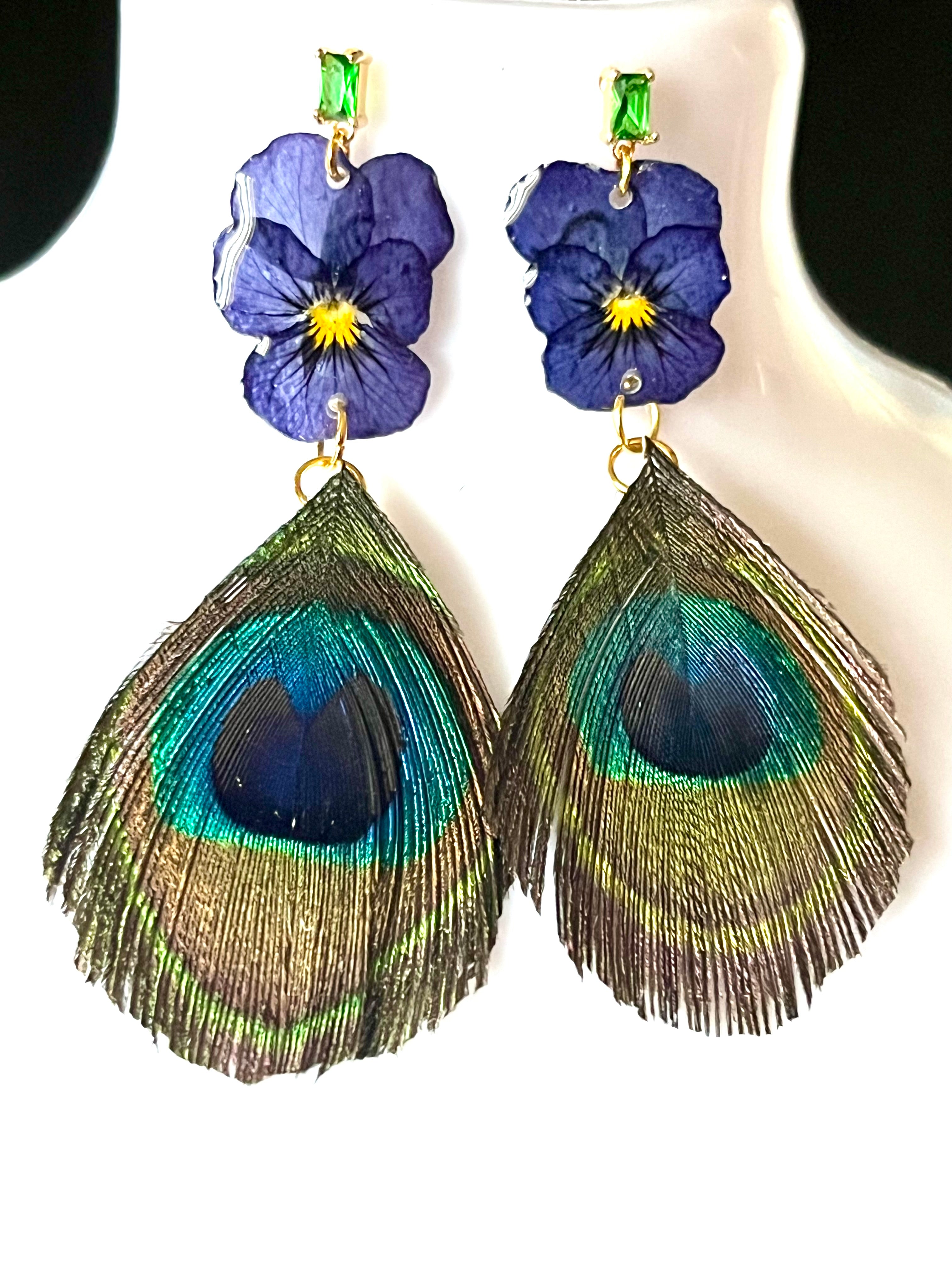 Boucles d’oreilles Pensées & plumes de Paon