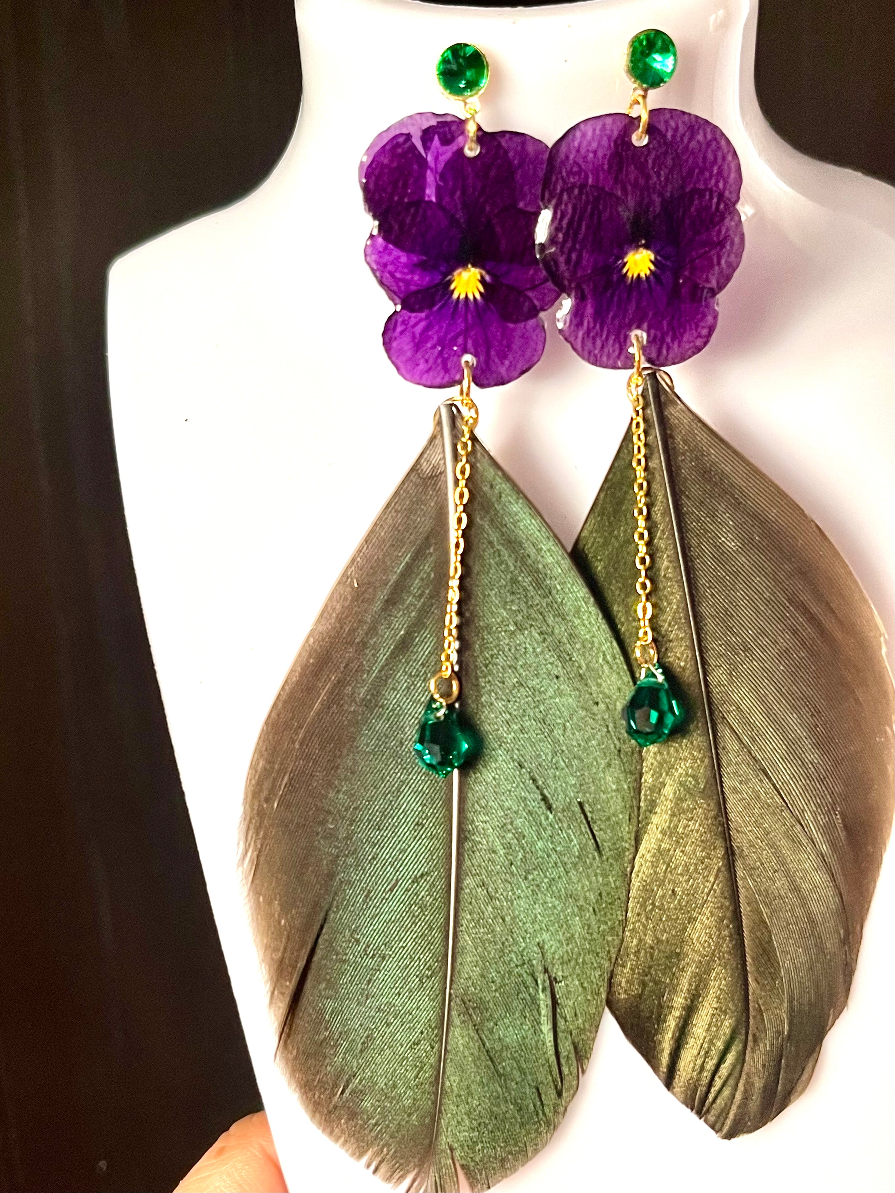 Boucles d’oreilles Pensées & plumes de paon 🦚