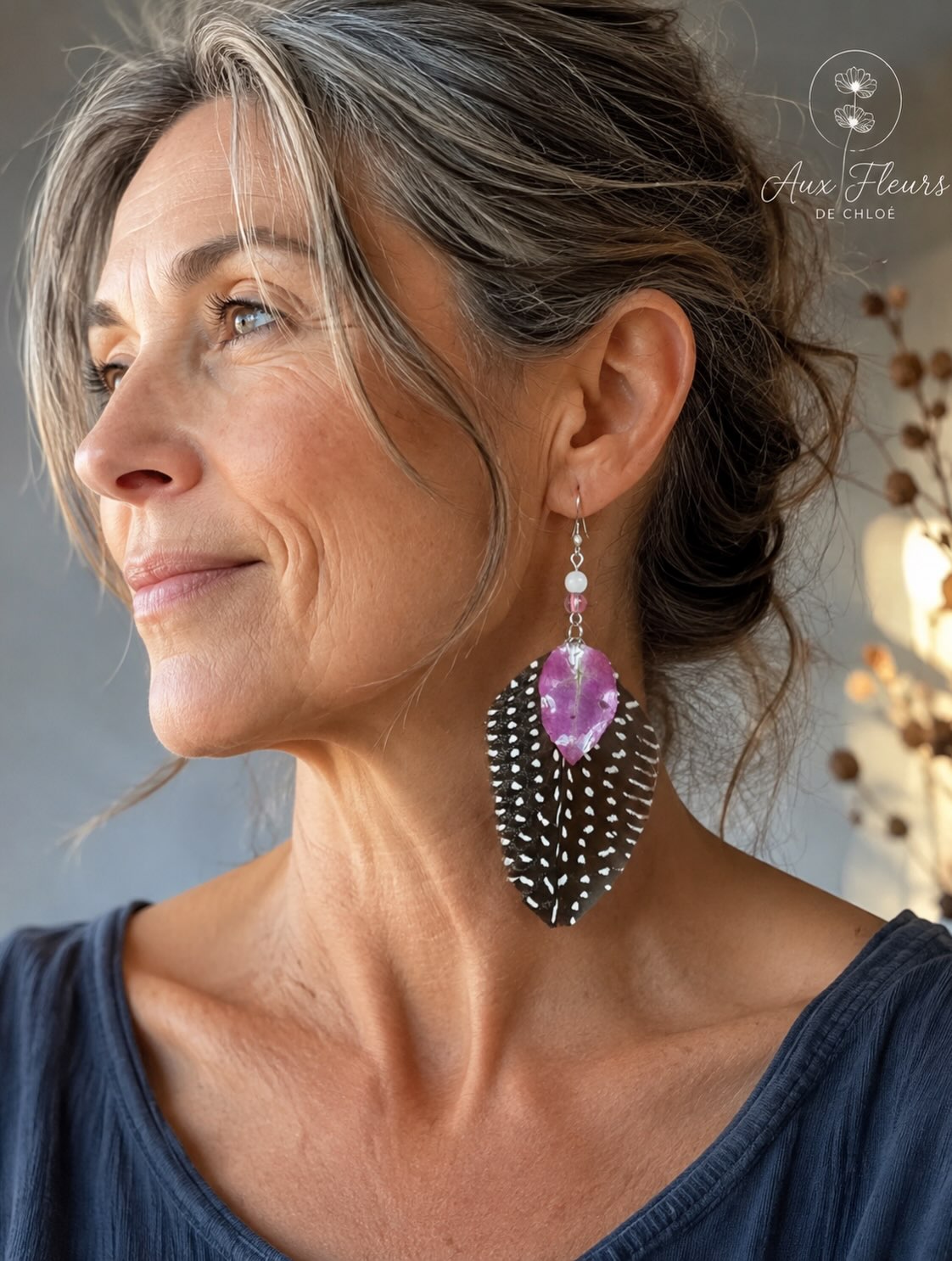 Boucles d’oreilles Bougainvilliers & plumes