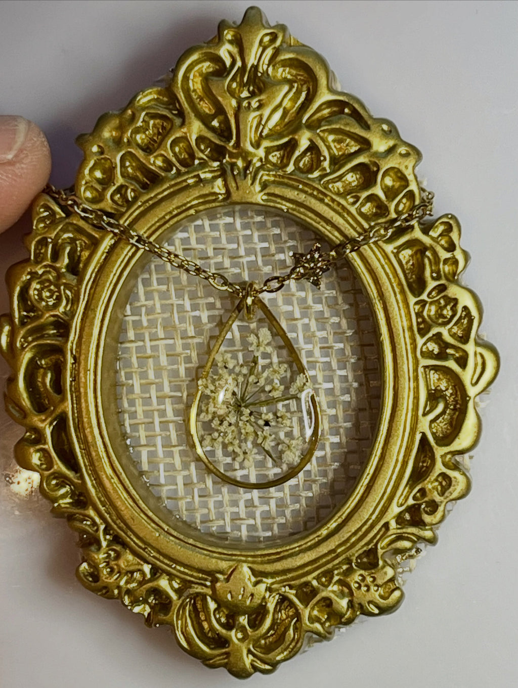 Collier larme de fleurs de carotte sauvage dans son écrin - fleurs naturelles