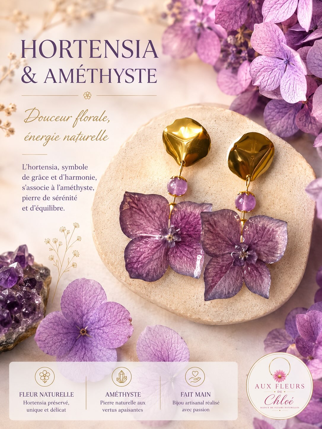 Boucles d’oreilles Hortensia & Améthyste