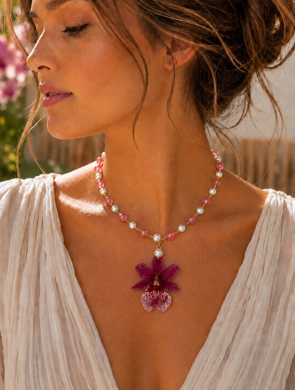 Collier Orchidée Naturelle – Réalisé au crochet